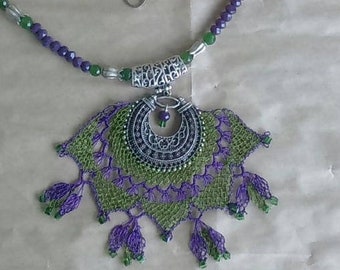 Purple & Green Beaded Necklace,Turkish Needle lace Necklace,Ethnic jewelry,Handmade Necklace,Vintage Necklace,Boho Necklace,Crochet Necklace