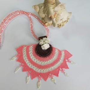 Turkish needle lace necklace,Ethnic necklace,Tribal necklace,Traditional Crochet necklace,Pink Beaded oya necklace,Handmade Pendant necklace