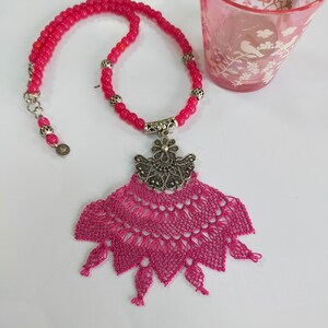 Fuchsia Beaded Necklace,Traditional Oya Necklace,Ethnic Crochet Necklace,Silver Necklace,Vintage Necklace,Handmade needle lace necklace