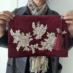 Bolso de mano de terciopelo burdeos, bolso de mano para mujer turca, bolso hecho a mano, bolso de noche, bolso de mano exclusivo, bolso de dama de honor, bolso de mano de terciopelo bordado en oro