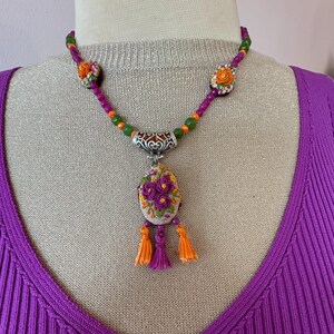 Ethnic Fringed Necklace,Turkish needle lace jewelry,Embroidered pendant,Boho jewelry,Handmade beaded necklace,Turkish colored women necklace