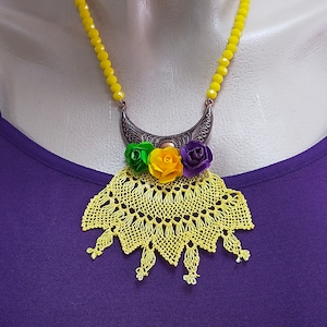 Ethnic necklace,Needle lace necklace,Handmade necklace,Turkish oya necklace,Tribal necklace,Yellow beaded crochet necklace,Flower necklace