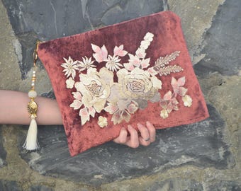 Ziegelstein-Samt-Kupplung, gestickte Kupplung, türkische handgemachte Frauen-Kupplungs-Tasche, Abendtasche, traditionelle Kupplung, ethnische Tasche, Fasion-Tasche, einzigartige Kupplung