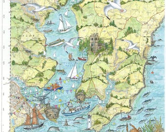 Falmouth- Giclee art print from original map painting. Carrick Roads, St. Mawes, Cornwall, Sailing.