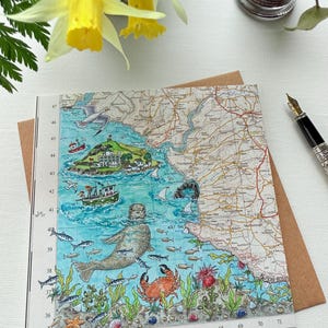 Greetings card from an original map painting. Burgh Island Seal, South Hams, Devon.