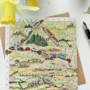 Greetings card from an original map painting. Bank Holiday Buzzard, Dartmoor National Park, Devon.