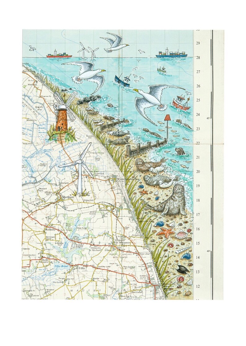Filby Map Norfolk Seals Art Print: Vintage Map Painting, East Coast Giclee - Etsy