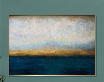 Abstrakte Landschaft Meer Horizont Kunst Goldener Sonnenuntergang Acrylgemälde auf Leinwand Ölgemälde Ölgemälde Zeitgenössische Kunst WASSERLANDSCHAFT 36"x54"
