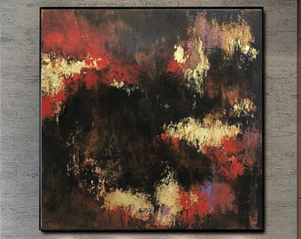 Abstract Dark Paintings on Canvas In Black, Gold and Red Colors Unique Handpainted Artwork Original Textured Painting for Living Room Decor