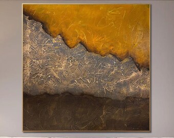 Abstrakte orangefarbene Gemälde auf Leinwand, handgemalt, feine Kunst, strukturiertes expressionistisches Gemälde, modernes Ölgemälde für Zuhause, GOLDEN DUST, 32"x32"