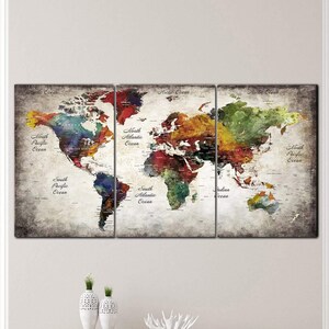 ヴィンテージ世界地図キャンバス 大型アンティークアーストーン ウォールアート 素朴な地理 マルチパネルプリント アトラス スタディ ウォールデコ 自宅やオフィス用
