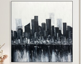 Black And White City Art Custom Painting Abstract Cityscape Modern Painting Creative Painting Unique Wall Art IMPOSSIBLE RESIDENCES 40x40"