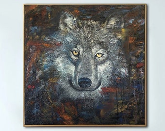 Abstrakte Wolfsgemälde auf Leinwand, farbenfrohe Textur, Wandkunst, moderne Gemälde, Acryl, wilde Tiere, kreative Malerei, PACK LEADER, 27,5 x 27,5 Zoll