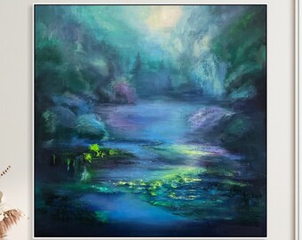 Abstract Lake Paintings On Canvas  Night Nature Artwork Colorful Unique Painting Modern Painting Acrylic Ho,me Art MIDNIGHT SERENITY 43"x43"