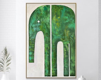 Abstract Green Elephant Oil Art On Canvas Frame Painting Animal Artwork Acrylic Minimalist Art Hand Painted Artwork JUNGLE DREAMER 34"x24"