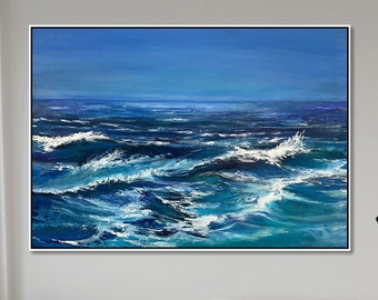 Ozean Gemälde Blaue Wellen Wand Kunst Gemälde Acrylbild Original Unikat Minimalist Kunst Bild Rahmen Gemälde WELLENGEHEIDER 72cm x 39cm