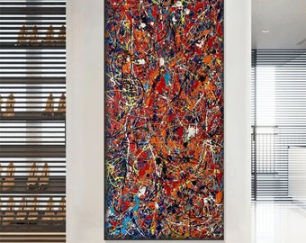 Pinturas abstractas de estilo Jackson Pollock sobre lienzo, arte al óleo, textura colorida de arte de pared, decoración del hogar para sala de estar, frenesí cromático, 40 "x 20,5"