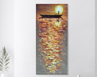 Men In A Boat Art Colorful Impasto Style Painting Large Abstract Wall Art Creative Art Modern Art Original TWILIGHT'S TAPESTRY 60x30"