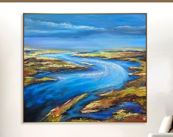 Abstract Blue River Natural Beauty Art Horizon Abstract Landscape Art Frame Art Hand Painted Artwork Island Oasis Art ISLAND REVERIE 37"x41"