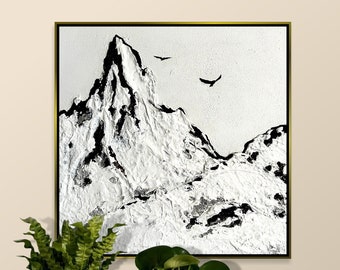 Berg-Pasto-Gemälde, dramatische monochrome moderne abstrakte Landschaft, Schwarz-Weiß-Wandkunst mit hochfliegenden Vögeln, EBONY PEAKS, 11,8 x 11,8"