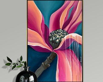 Abstract Nature Flower Painting Bold Magenta Petals With Leal Undertones Blossom On Canvas Floral Wall Art FLORAL EMBRACE 35.4x23.6"