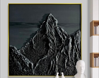 High Contrast Abstract Mountain Landscape Textured Nature Inspired Painting High Contrast Dark Tones Palette Knife Art NOIR PEAKS 11.8x11.8"