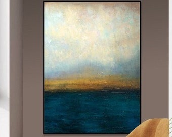 Abstrakte blaue und graue Meereslandschaft, Ölkunst auf Leinwand, Sonnenuntergangskunst, handgemachte Malerei, Heimdekoration, zeitgenössische Kunst | WASSERLANDSCHAFT 40"x30"