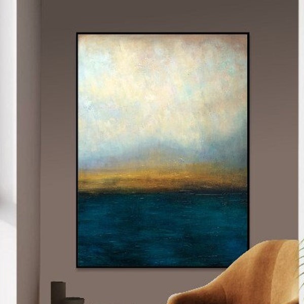 Abstract blauw en grijs zeegezicht olieverf op canvas zonsondergang kunst handgemaakte schilderij Home decor hedendaagse kunst | WATERSCHAP 40"x30"