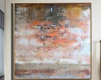 Oversize Öl Orange Acrylbilder Auf Leinwand Minimalistische Kunst Originales Kunstwerk Original Gemälde Rahmen 60"x60"