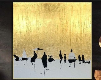 Pittura astratta figurativa in oro e bianco Cornice pittura Pittura moderna Originale Orizzonte dorato Pittura creativa / CIELO D'ORO 40"x40"