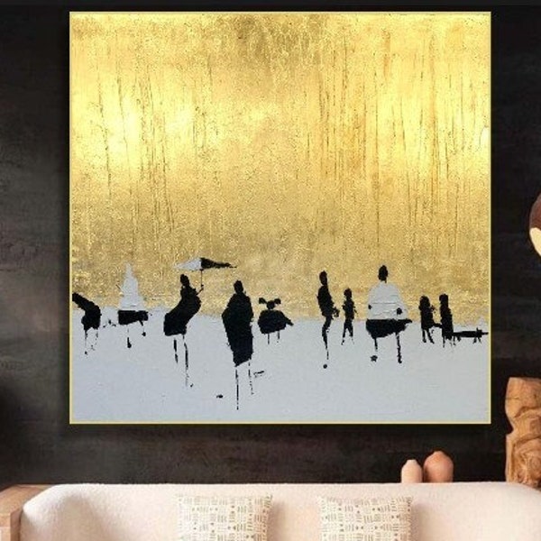 Abstract Figurative Gold And White Painting Frame Painting Modern Painting Original Golden Horizon Creative Painting | SKY OF GOLD 40"x40"