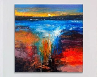 Art mural abstrait coucher de soleil, peinture acrylique de paysage, art personnalisé coloré, peintures créatives rouges et bleues, art de luxe | VASTE OCÉAN 40 x 40 po