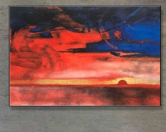 Abstract Colorful Landscape Oil Art Blue And Red Acrylic Paintings Hand Painted Artwork Home Decor Minimalist Art | FIERY SUNSET 60"x90"