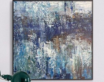 Modern Wall Art Framed Blue And White Fine Art Painting Texture Hand Painted Artwork Contemporary Art Home Decor ICE EVENING 21.6"x21.6"