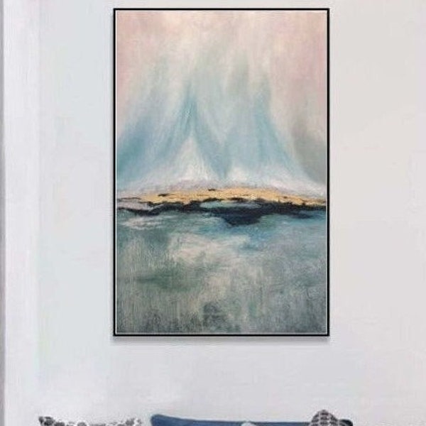 Pittura a olio astratta di paesaggio azzurro e grigio su tela Arte minimalista Decorazione murale strutturata originale Arte moderna / SENZA LIMITI 44,8 "x 30"