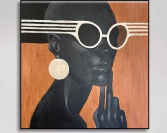 Abstract Woman With Glasses Figurative Art Female Oil Painting Black And Brown Art Minimalist Abstract Painting | FASHION GIRL 46"x46"