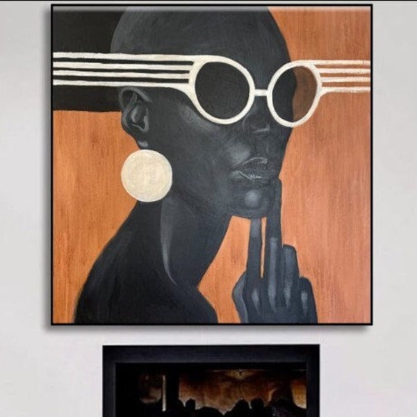 Abstract Woman With Glasses Figurative Art Female Oil Painting Black And Brown Art Minimalist Abstract Painting | FASHION GIRL 46"x46"