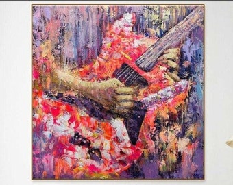 Guitare abstraite Instrument de musique coloré Texture Art mural Art unique Oeuvre d'art peinte à la main Art du cadre Art du salon | HACHE MUSICALE 40"x40"