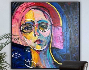 Figurative Abstrakte Frauen Gesicht Bunte Abstrakte Malerei Moderne Kunst Moderne Kunst Rahmen Gemälde Wohnzimmer Kunst FRAU MIT BRILLE 40 "x40."