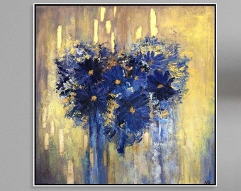 Flowers In The Shape  Of Heart Blue And Gold Acrylic Painting On Canvas Creative Painting  Home Decor Minimalist Art 46x46"