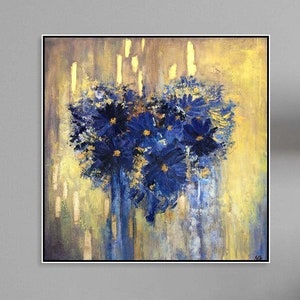 Flowers In The Shape Of Heart Blue And Gold Acrylic Painting On Canvas Creative Painting Home Decor Minimalist Art 46x46 image 1