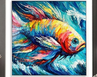 Abstract Fish Oil Painting Impasto Style Colorful Acrylic Art Modern Art Canvas Creative Painting Frame Painting MARINE MELODY 48"x48"