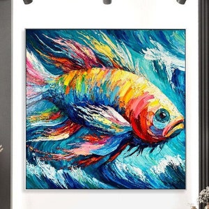 Abstraktes Fisch-Ölgemälde, pastoser Stil, bunte Acrylkunst, moderne Kunst, Leinwand, kreatives Gemälde, Rahmengemälde, Meeresmelodie, 121,9 x 121,9 cm Bild 1