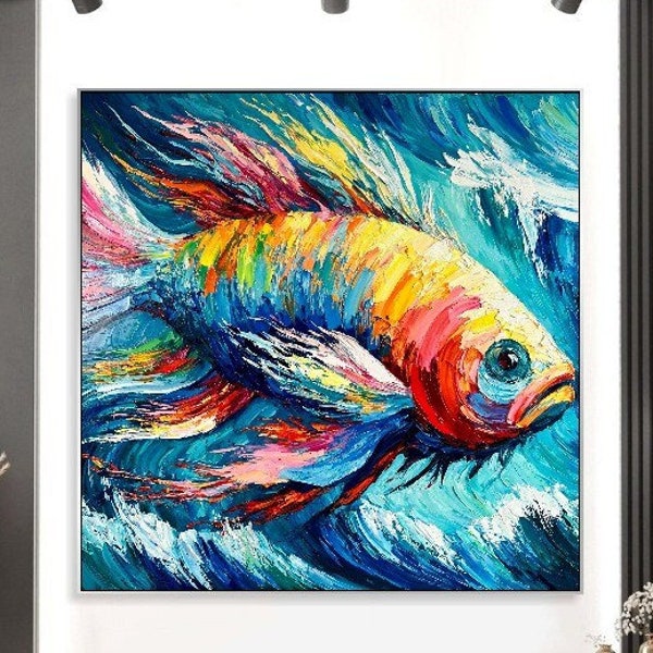 Abstraktes Fisch-Ölgemälde, pastoser Stil, bunte Acrylkunst, moderne Kunst, Leinwand, kreatives Gemälde, Rahmengemälde, Meeresmelodie, 121,9 x 121,9 cm