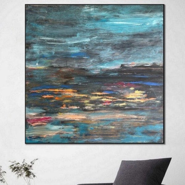 Abstract Dark Blue Sky Celestial Art Colorful Horizons Abstract Expressionism Night Sky Vibes Frame Painting | REBELLIOUS SKY 50"x50"
