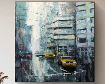 Dipinti astratti di paesaggi urbani di Tokyo Dipinti su tela Cornice originale Pittura Pittura creativa Arte unica da parete / STRADE DI TOKYO 32"x32"