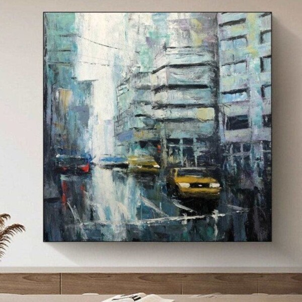 Peintures abstraites de paysage urbain de Tokyo, peintures sur toile, peinture originale sur cadre, peinture créative, art mural unique | RUES DE TOKYO 32"x32"