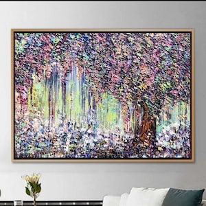 Abstrakte bunte Baum-Gemälde auf Leinwand Helle Natur Kunst strukturiertes Kunstwerk-Leinwand-Rahmen Gemälde HERBSTBLATT HERBST 80cmx110cm Bild 1