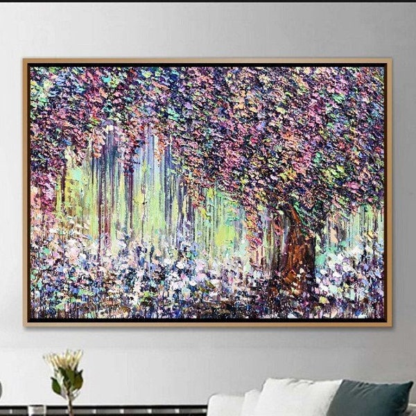 Peintures abstraites d'arbres colorés sur toile Art de la nature lumineux Oeuvre d'art texturée Art moderne cadre sur toile | FEUILLE D'AUTOMNE 31,5 x 45,6 po.