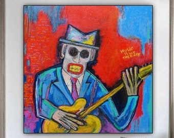 Musician Playing Guitar Abstract Painting On Canvas Bright Colorful Painting Red And Blue Art Modern Painting Acrylic MUSICIAN 46"x46"